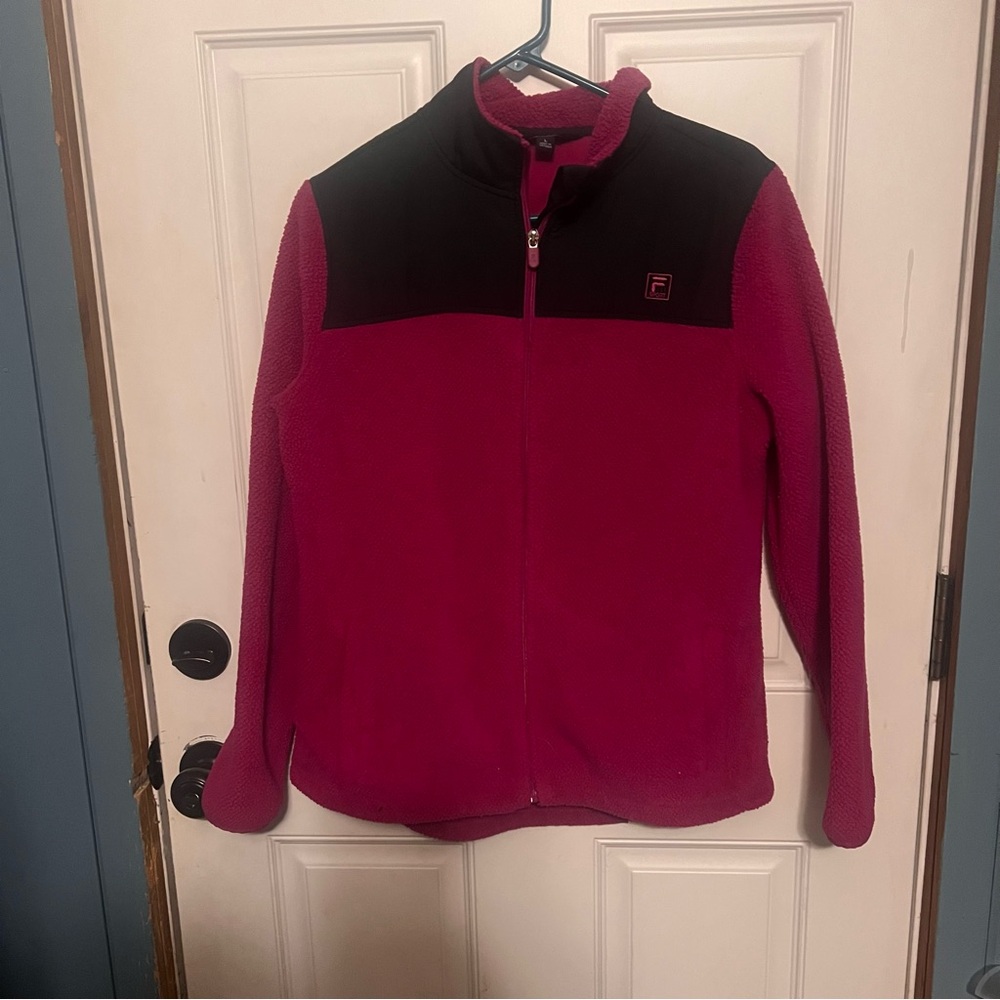 Women's Fleece Zip-Up Jacket - Black and Dark Pink/Purple cozy warm